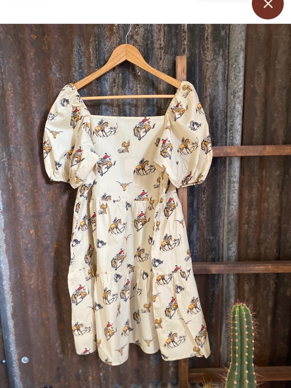 Women's Yellow Cowboy Print Puff-Sleeve Dress
